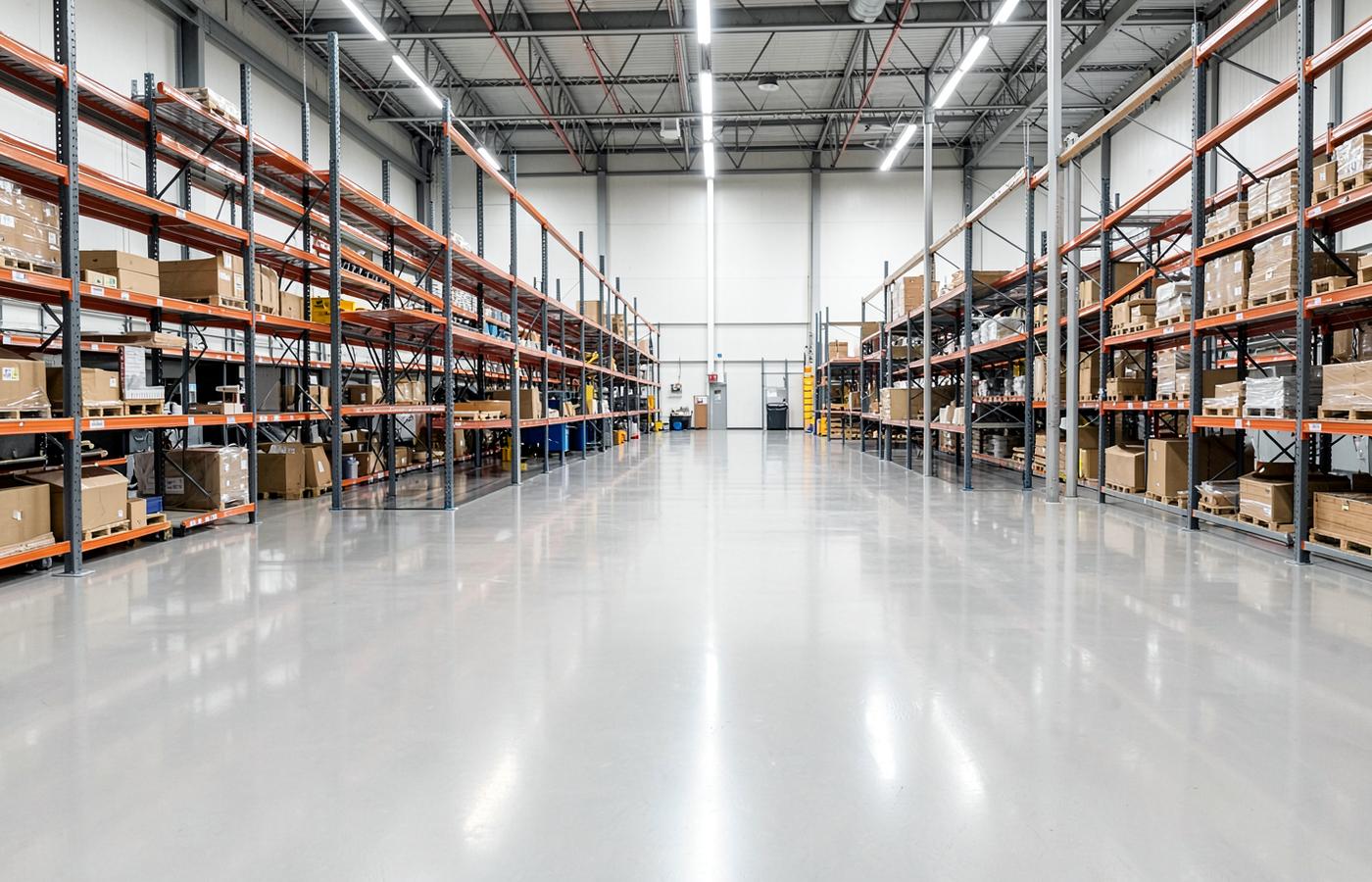 Spotless warehouse floor and commercial premises interior after professional cleaning